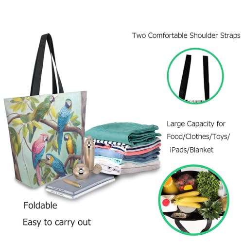 Beautiful Colors Parrots Group on Tree Branch Extra Large Canvas Gym Shoulder Tote, Reusable Daily Durable Top Handle Bag for Mens Womens Yoga Weekender Picnic Beach Travel Market Shopping2