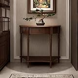 Lkyvmia Half Moon Table, Table Solid Wood with Drawer Half-Moon Porch Side Elegant Vintage, Semi-Circle Entryway Storage Shelf, for Hallway Entrance Decor(Walnut-Colored, 23.6' L x 11.8' W x 31.5' H)