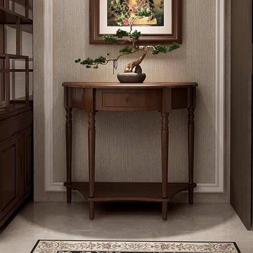Lkyvmia Half Moon Table Table Solid Wood with Drawer Half-Moon Porch Side Elegant Vintage Semi-Circle Entryway Storage Shelf for Hallway Entrance Decor(Walnut-Colored 23.6 L x 11.8 W x 31.5 H)
