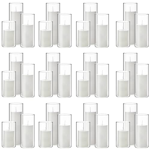 Shihanee Set of 36 Pillar Candles and Glass Cylinder Vases Clear Cylinder Holders for Slim Pillar Candles Wedding Centerpieces(2.6'' X 4.7'', 5.9'', 7.9'',White)