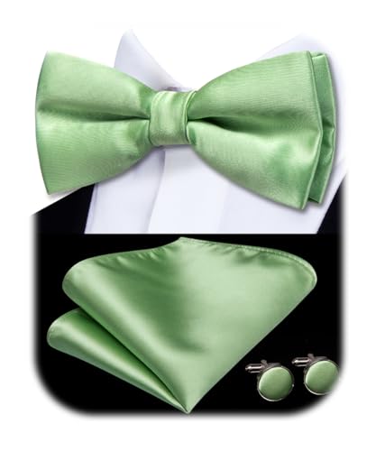Image of Hi-Tie Pretied Bow Ties for Men Wedding Formal Bow Tie Handkerchief Cufflinks Lapel Pin Set Party Formal Mens Bowtie Set, Light Green Solid, Medium