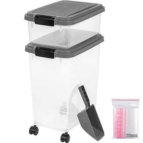 3-Piece 35 Lbs / 45 Qt Airtight Pet Food Storage Container Combo and Treat Box for Dog Cat and Bird Food, Stackable, Keep Pests Out, Translucent Body, Easy Mobility, Dark Gray
