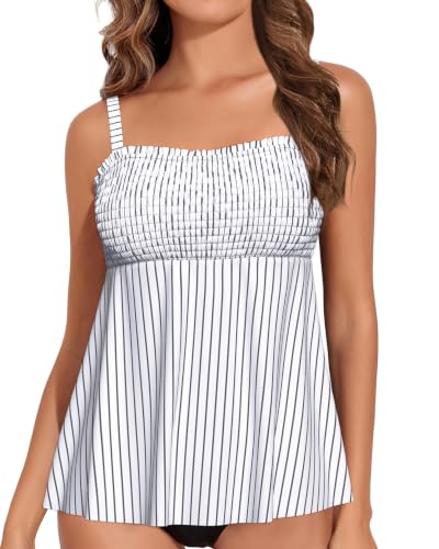Image of Womens Tankini Swim Tops Bandeau Bathing Suit Top No Bottom | Removable Straps and Pads, Tummy Control Flowy Design