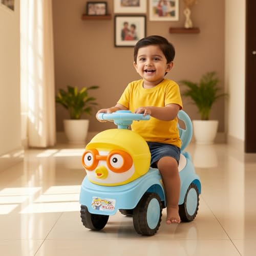Image of Toyzone Duck Pilot Baby Ride on - Blue | Car for Kids | Toddlers Push Car with Backrest | Music & LED Light | Under Seat Storage | for Kids 2+ Years