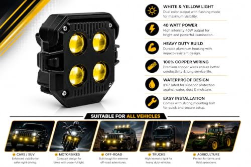 Image of Thorax 40W Dual Color LED Fog Light for Bike & Car - Yellow & White Beam, 4 LED Projector Lens, Waterproof IP68, Universal Fit (12V-80V) - Pack of 2