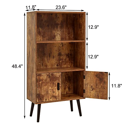 Usikey 48.4" H Boho Bookcase, Retro Bookshelf With Doors & 2-Tier Shlef, Mid-Century Modern Storage Cabinet For Bedroom, Study, Living Room, Office, Library, Brown #TOP1