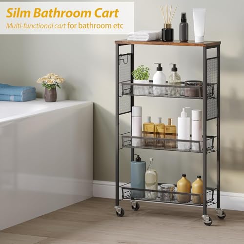 DWVO 4-Tier Slim Rolling Cart on Wheels, 34" Wooden Tabletop Kitchen Storage Organizer Cart with Wire Mesh Baskets, Slide-Out Storage Cart for Kitchen, Bathroom Living Room (Black)