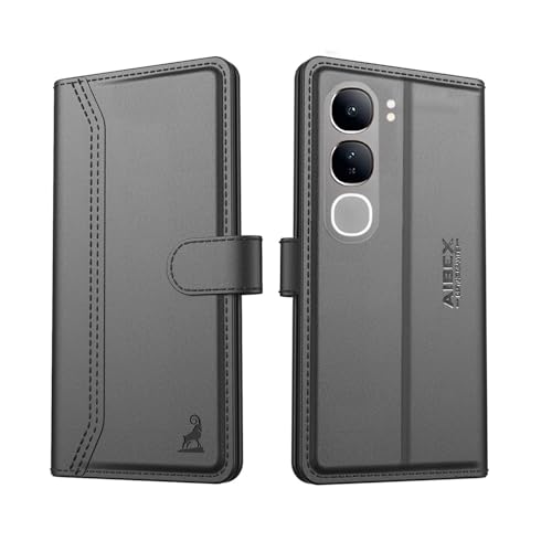 Image of AIBEX Compatible for Vivo Y300 5G Flip Cover Leather Finish with Magnatic Closure | Inside TPU with Card Pockets | Wallet Stand | Complete Protection Flip Case -Black