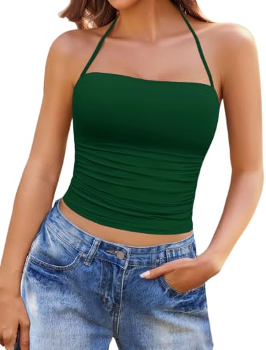 Image of Avidlove Halter Tops for Women Going Out Double Lined Sexy Crop Tank Top Ruched Slim Fit Cami Y2K Outfits Womens Summer Tops