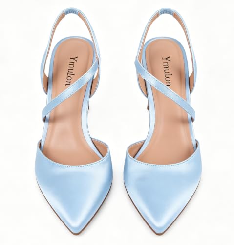 Image of Closed Toe Slingback Heels Wedding High Stiletto Heel for Women 3.3 Inch Ankle Strap Pointed Toe Pumps Prom Dress Bride Shoes for Dinner Party Sexy