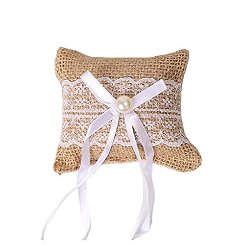 UERRY Vintage Hochzeit Ringkissen Sackleinen Ehering Kissen Jute Zur Stabilisierung von Eheringen, Armbändern, Ohrringen, Halsketten oder als Foto-Requisiten Cover