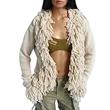 CNPOLOOK Women's Trendy Y2K Vintage Open Front Long Sleeve Cardigan Crochet Fringe Trim Knit Casual Cozy Outerwear Sweater (Medium,Beige)