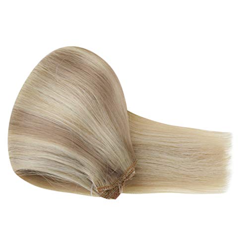 Human Hair Extensions Halo Hair Ash Blonde Highlighted with Bleach Blonde 12 Inches Remy Invisible Wire Hair Extensions with Adjustable Fish Line Hair 50 Grams