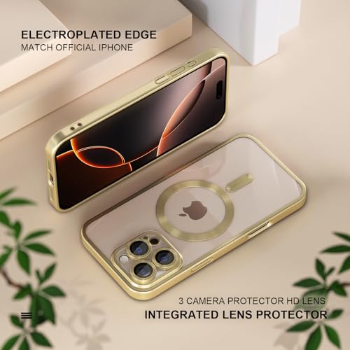 Image of Misea Magnetic for iPhone 16 Pro Max Case Compatible with MagSafe | Never Yellowing, Military Drop Protection, Full Camera Lens Protector Plating Soft Clear Phone Case Women, Titanium Gold