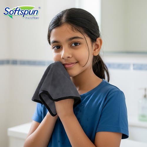 Image of SOFTSPUN Microfiber Baby Hand & Face Wipes 280 GSM 20x30 Cms 4 Piece Towel Set Grey! Super Soft & Comfortable for Newborn Baby and Kids Quick Drying Ultra Absorbent in Small Size.