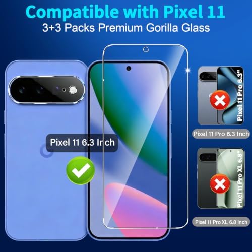 letosan 3 Pack for Google Pixel 11 Screen Protector Tempered Glass + 3 Pack Camera Lens Protector, Military Grade Shatterproof, 9H Hardness, Fingerprint Unlock,Case Friendly 6.3 Inch - 1