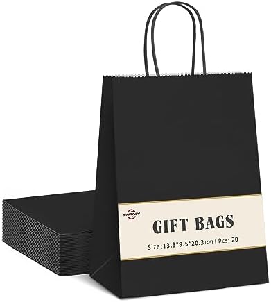 Switory 50pc Paper Bag with handles. White Kraft Gift Bags for Presents to Party Favor, Birthday,Christian,Thanksgiving,Christmas, Wedding13.3x9.5x20.3cm