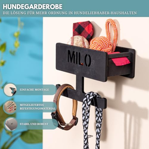 INEXTERIOR – Hundegarderobe personalisierbar mit Ablage & Leinenhalter in Schwarz - Hundezubehör Dogstation für Hundeleinen, Spielzeug & Leckerlis aus Birkenholz - Mit Kotbeutelspender & Montagekit