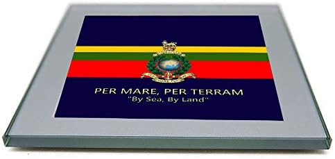 Royal Marines Premium Drinks Mug Coaster Showing a Picture of The Corps Badge on a Flag Colours Background with The Motto Per Mare, Per Terram"by Land by Sea"