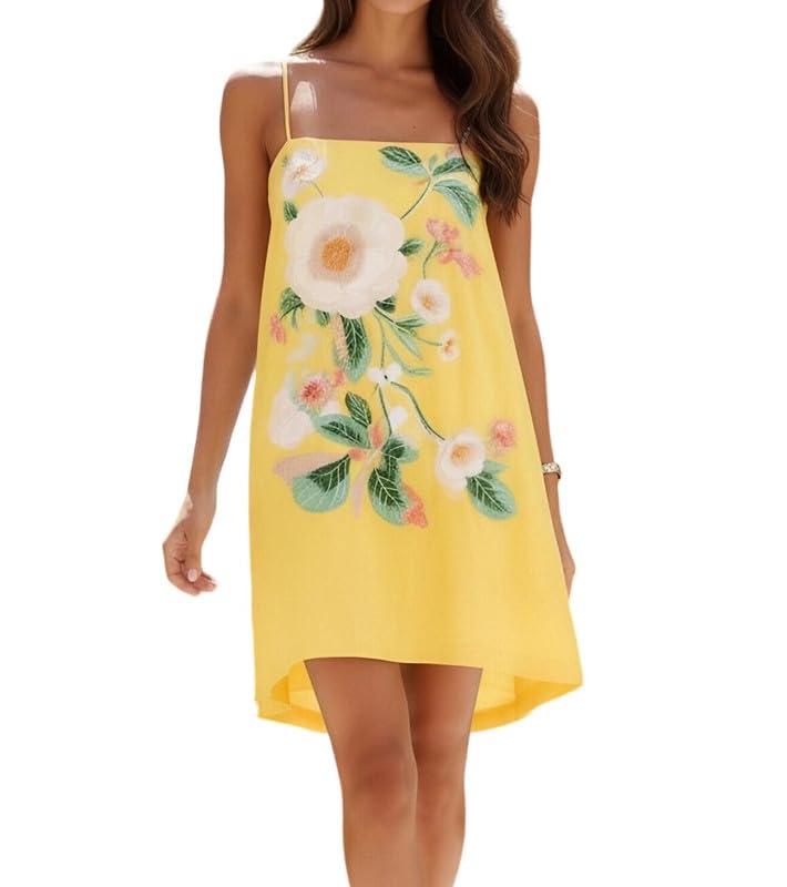 Image of Women Boho Floral Mini Cami Dress Spaghetti Strap Flowy Sling Dress Graphic Backless Summer Holiday Sundress