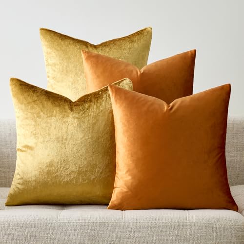 GIGIZAZA Velvet Gold Orange Pillow Covers 18x18，Pack of 4 Decorative