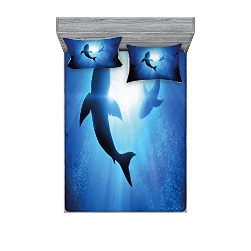 Ambesonne Shark Fitted Sheet & Pillow Sham Set, Underwater World Fish Silhouettes Circling in The Sea Surreal Ocean Life Print, Decorative Printed 3 Piece Bedding Decor Set, Calking, Royal Blue