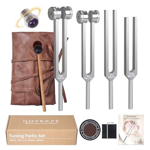 QMPRKPE Tuning Forks for Healing Set - 128Hz,136.1Hz,256Hz,384Hz Weighted & Unweighted, Crystal Base, Activator, Mallet, Leather Pouch, Chakra Sound Healing Tools for Meditation, Yoga, Stress Relief