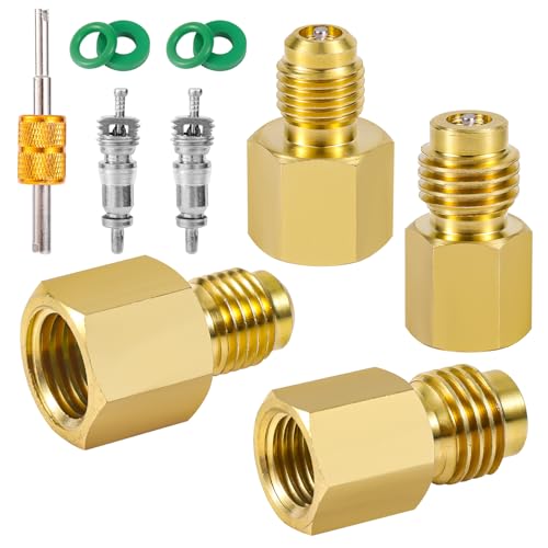 4pcs R134A Brass Refrigerant Tank Adapter, 1/4 SAE Male to 1/2 Acme Female 1/2 Acme Male to 1/4 SAE Female Flare Quick Coupler Can Adapter with Valve Core Remover for Automotive Car AC Hose System