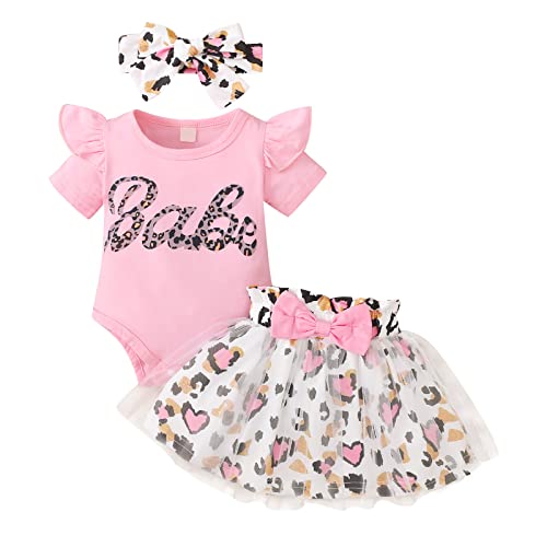 Haokaini Neugeborenes Baby Mädchen Sommerkleidung Set Rüschen Kurzarm Brief Bedruckt Bodysuit Top Leopard Bowknot Tutu Tüll Prinzessin Kleid mit Stirnband 3Pcs Outfits (6-12 Months, Rosa)