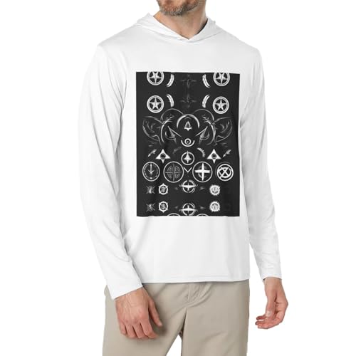 SKKNT Supernatural Symbols Black Print Casual Mens Hooded Long-Sleeved T-Shirt Versatile Sweatshirt Workout, White, X-Large