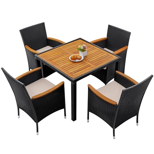 Greesum 5 Pieces Outdoor Patio Dining Set, Conversation Sets with 1 Table and 4 Rattan Chairs with Curved Acacia Wooden Armrests and Cushions, Black