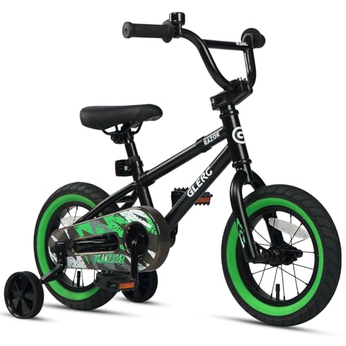 Glerc Kids Bike for Ages 1-4 Years Old, 12 Inch BMX Style Kids Bicycle with Training Wheels, Boys Bike for Children and Toddler, Black and Green