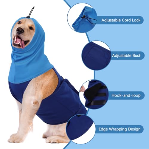 Image of SAWMONG Dog Anxiety Vest, Breathable Calming Shirt Adjustable Chest & Hood for Dogs, Soft Pet Stress Relief Calming Coat Wraps Ears for Noise, Thunderstorms, Fireworks and Separation(Blue, Large)