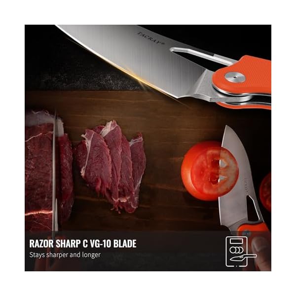 TACRAY Folding Kitchen Chef Knife, 4.4" Foldable Camping Knife with C VG10 Stainless Steel Blade, Anti-skidding and Ergonomic Designed G10 Handle for both Indoor and Outdoor Cooking - Image 4