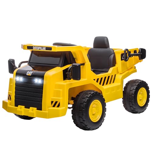 Qaba 12V Ride on Dump Truck with Parental Remote, Caterpillar Licensed Kids Excavator with Bucket, Shovel, Music, Loudspeaker, Headlights, Ride on Construction Vehicles for Ages 3-6, Yellow
