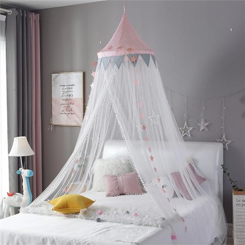 ENEN Mosquitera Dosel para Cama Infantil Niñas, Mosquitera Cúpula con Pompones para Habitación Niños, Dosel de Princesa para Dormitorio, Sala de Lectura y Juego, Altura 270 cm (Rosa)