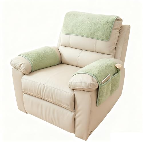 【防滑設計】ソファアームカバー シャーフリース リクライニングチェアカバー 収納ポケット付き 洗える ペット ソファ 保護カバー 頭レストカバー 1席用 日本仕様(Green,3 Seat Recliner 5 pc)