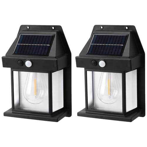 2 luces solares de pared para exteriores, lámpara de filamento solar para jardín, patio, camino, sensor de movimiento, diseño de montaje en pared impermeable, color negro