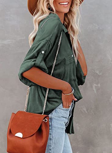 Astylish Ladies Roll Up Sleeve Shirt Solid Color Loose Button Down Blouse Tunic Top Green Xx-Large #TOP3