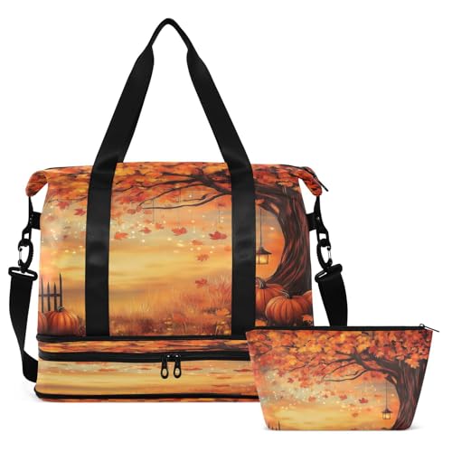 Maple Tree Thanksgiving Pumpkins Gym Bag for Women Sport Travel Duffel Bag Shoulder Weekender Overnight Bags with Wet Pocket & Shoe Compartment2