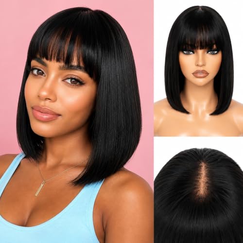 Adyutrlia Straight Bob Wig Human Hair With Bangs Glueless 2x4