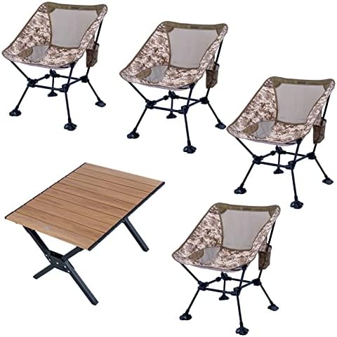 iClimb 4 Ultralight Compact Anti-Sinking Large Feet Chair and 1 Lightweight Stable Elegant Rectangle Alu. Folding Table Bundle, for Four Adults Outdoor Camping Beach Concert
