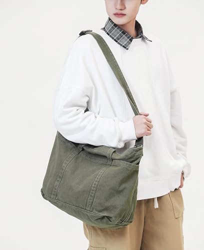 Image of Cotton Tote Handbag Women Canvas Crossbody Beach Bag Hobo Shoulder Tote Bag with 3 External Pocket,Zipper Closure