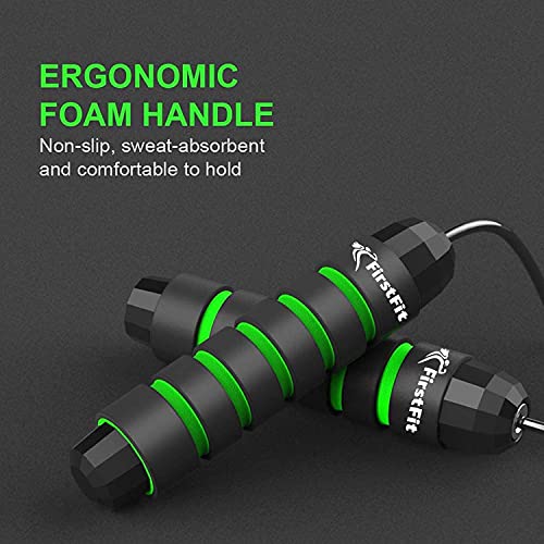 Image of FirstFit Jump Rope Tangle-Free Rapid Speed Jumping Rope Cable with Ball Bearings for Women, Men, and Kids, Adjustable Steel Skipping Rope with Foam Handles for Gym Fitness - Black & Green