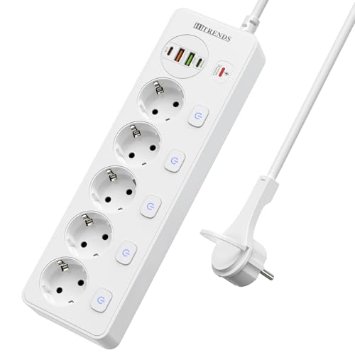 Steckdosenleiste 5 Fach Einzeln Schaltbar, Steckdosenleiste Wandmontage mit 2M Cable, Flachstecker Mehrfachsteckdose mit 2 USB-C & 2 USB-A (20W PD) für Homeoffice & Haushalt White