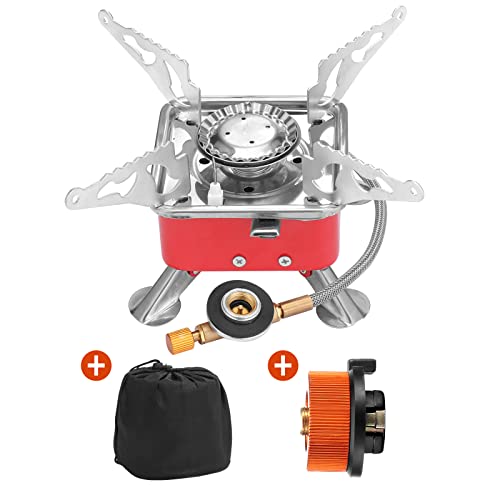 Portable Backpacking Stove, Folding Mini Camping Gas Stove with Piezo Ignition, Support Wind-Resistance Camp Stove for Outdoor Camping, Hiking, Cooking with Gas Conversion Head Adapter