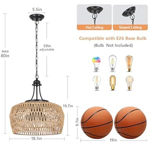 HMVPL Large Farmhouse Chandeliers for Dining Room 5 Light Rattan Boho Chandelier Light Fixture with Wicker Lampshade Coastal Hanging Pendant Lighting for Kitchen Island Bedroom Living Room Nursery