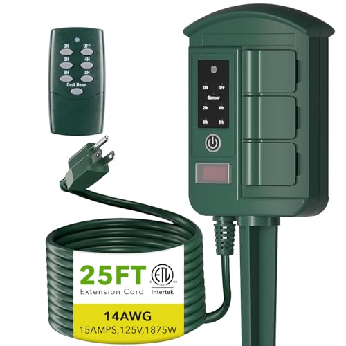 BN-LINK Outdoor Power Strip with 25FT Extension Cord, Remote Control Dusk to Dawn Light Timer...