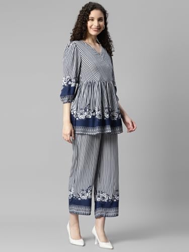 Image of DEEBACO Women's Stripes Print Rayon Top & Pants Co Ord Set for Women V Neck 3 /4 Puff Sleeve Ladies Party Casual Wear Fashionable for Girls Loose Fit Cord Set (DBCOMR00000980 M Multicolor)