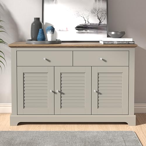 GFW Salcombe 3 Door Large Sideboard - Sideboard Storage Cabinet with 3 Doors & 2 Drawers. Contemporary Sideboards for Living Room & Hallway (Light Grey, H74.7 x W116.1 x D39.8cm)